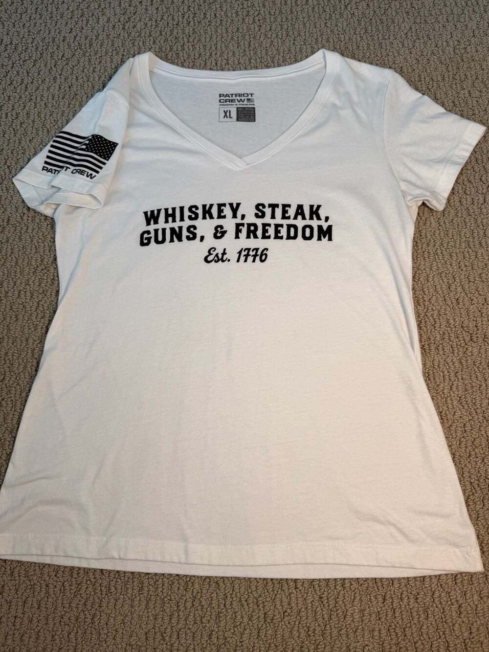 Patriot Crew Whiskey, Steak, Guns & Freedom V-Neck T-Shirt - Women’s XL